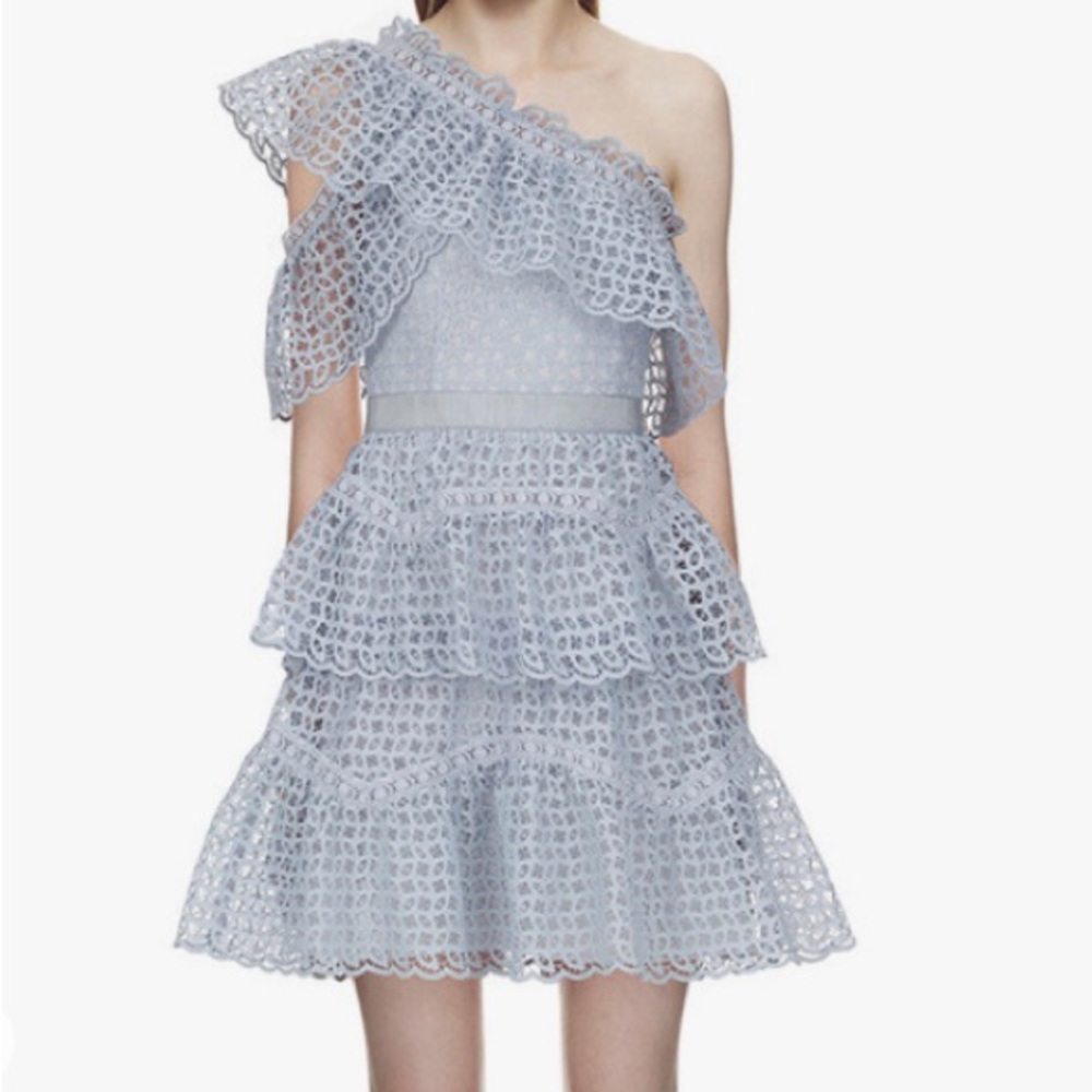 SELF PORTRAIT off the shoulder blue lace dress